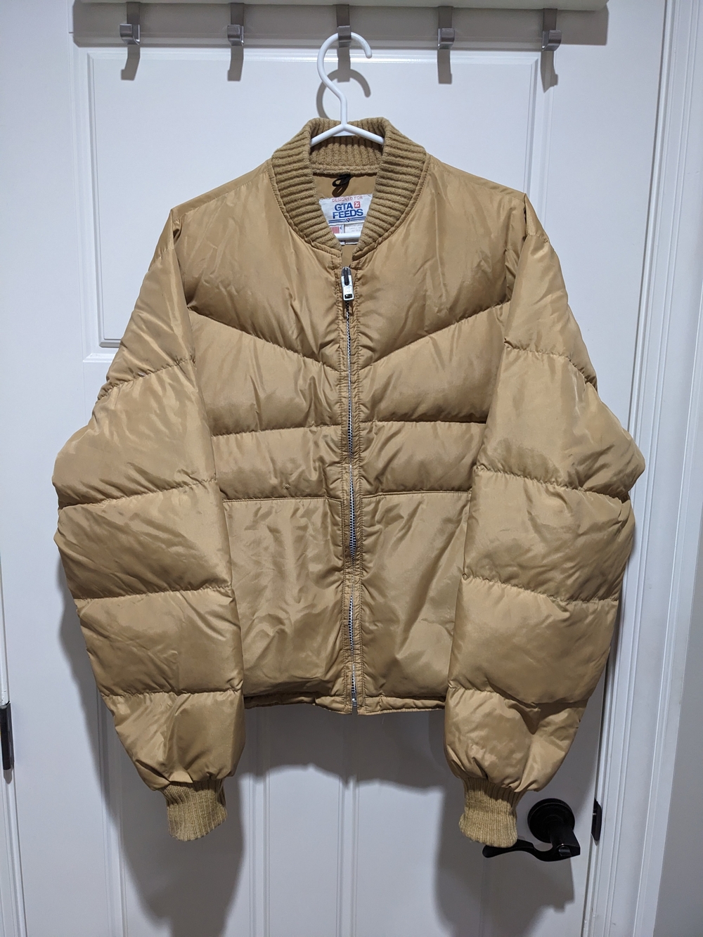 Vintage 80's 70's GTA Feeds Puffy  Puffer Down Jacket Tan Mens Large Made In USA